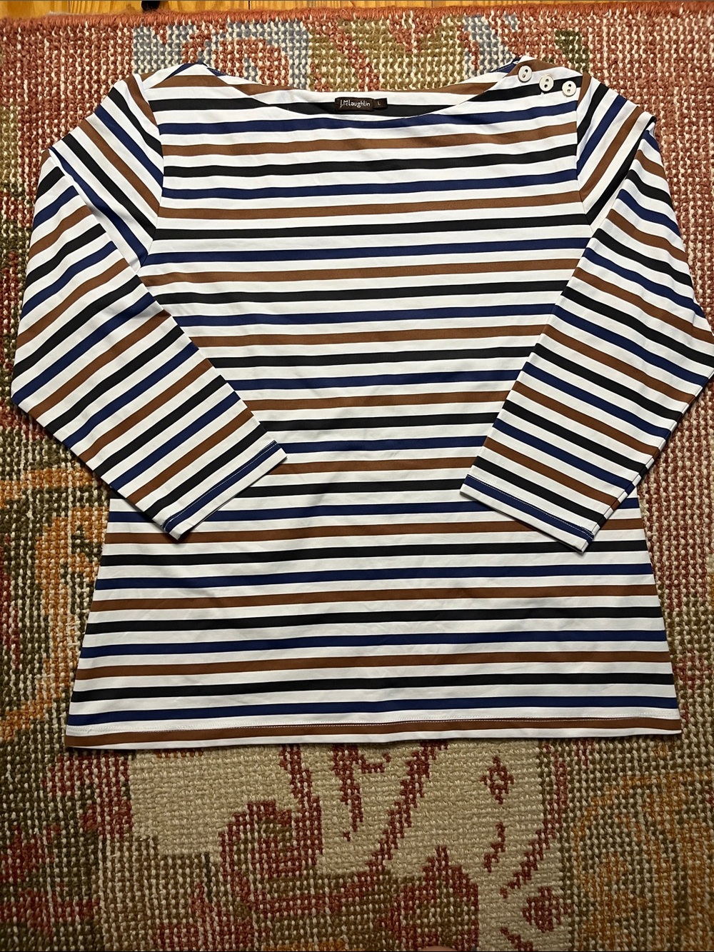 NWOT J.McLaughlin Catalina Cloth Striped Boatneck Top Navy Brown White L